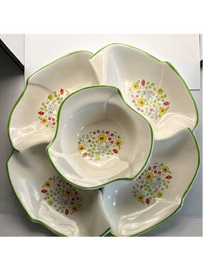 Unmarked Glossy Ceramic Divided Relish Dish Set, Floral, 5 Compartments USA 146